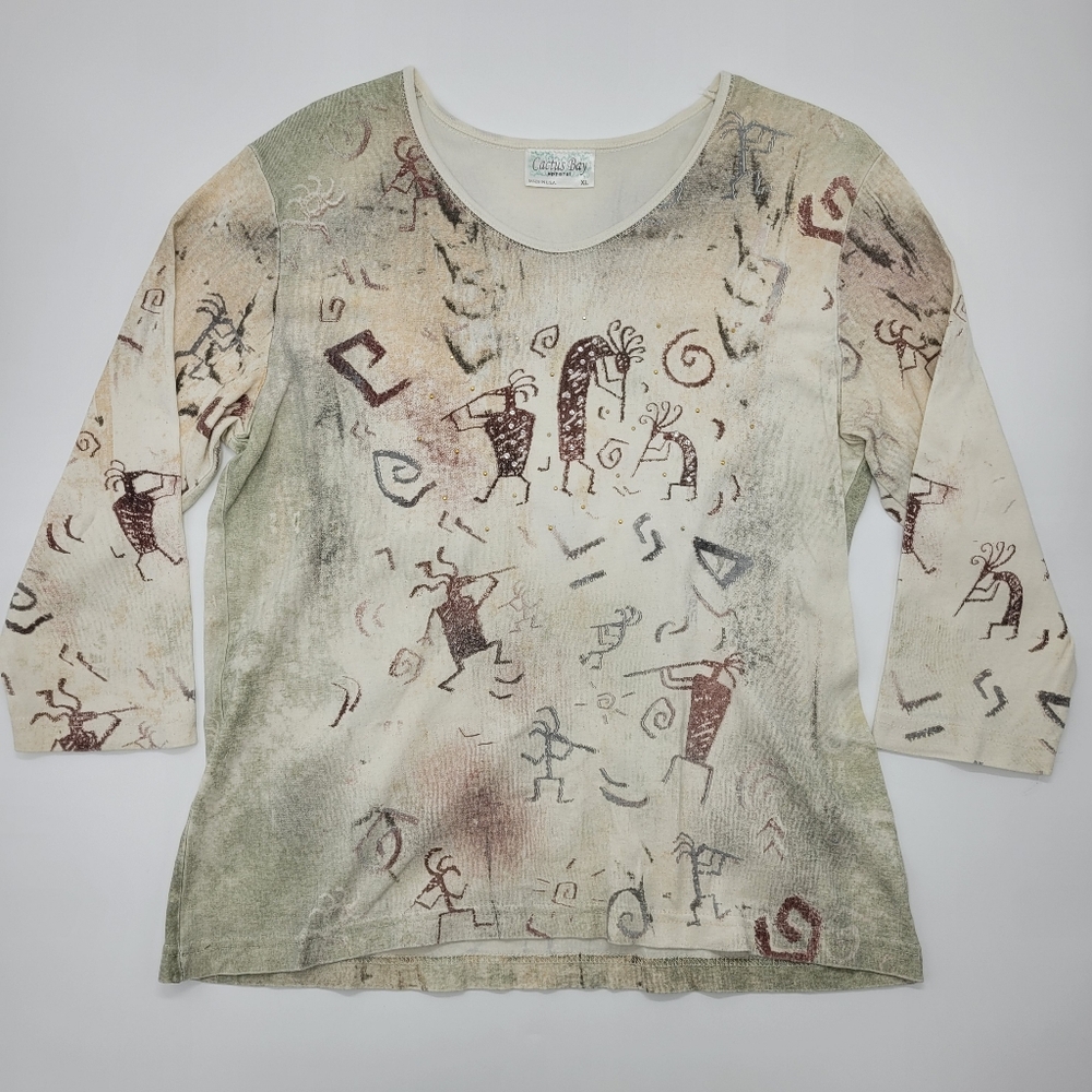 Cactus Bay Apparel Top Kokopelli Rhinestone USA Made Neutral 3/4 Sleeve Size XL